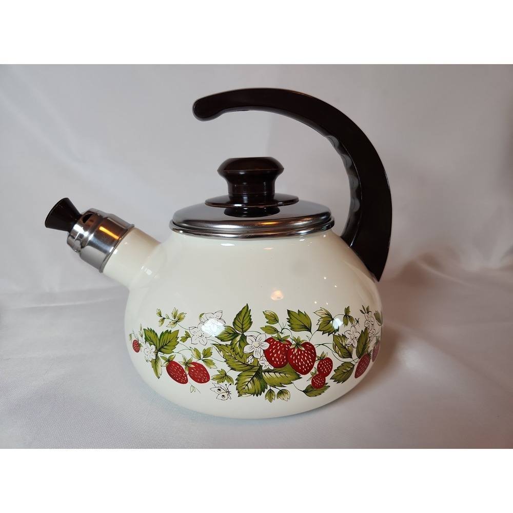 MINT NOS VTG 1980s Sheffield Strawberries 'n' Cream Enamel Whistling Tea Kettle
